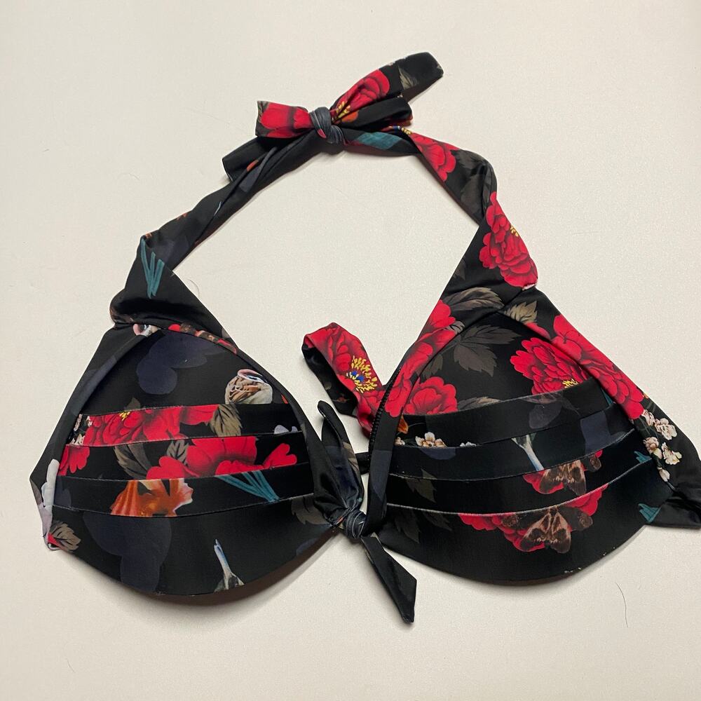 Cocoship Black Floral Halter Bikini Swim Bathing Suit Top Women's Size XL